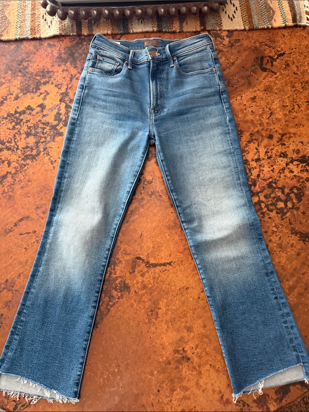 MOTHER Women's Medium Blue Flare Jeans with Raw Hem